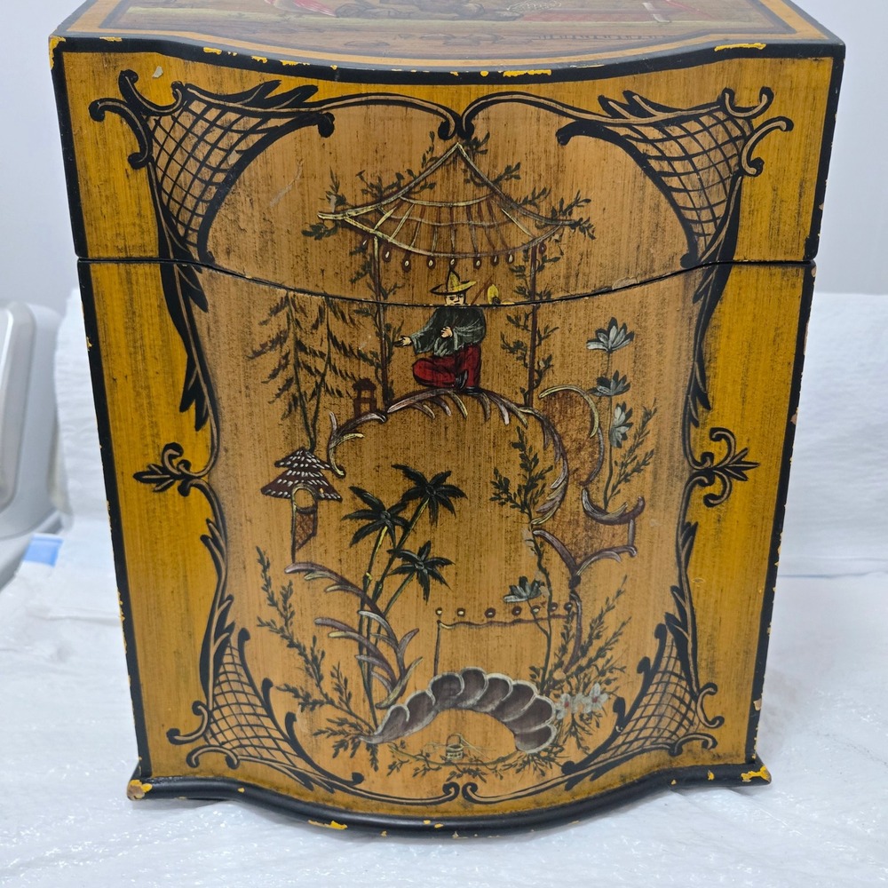 Vintage Chinoiserie Lacquered Wood Storage Box Hand Painted Pagoda Bird Chest